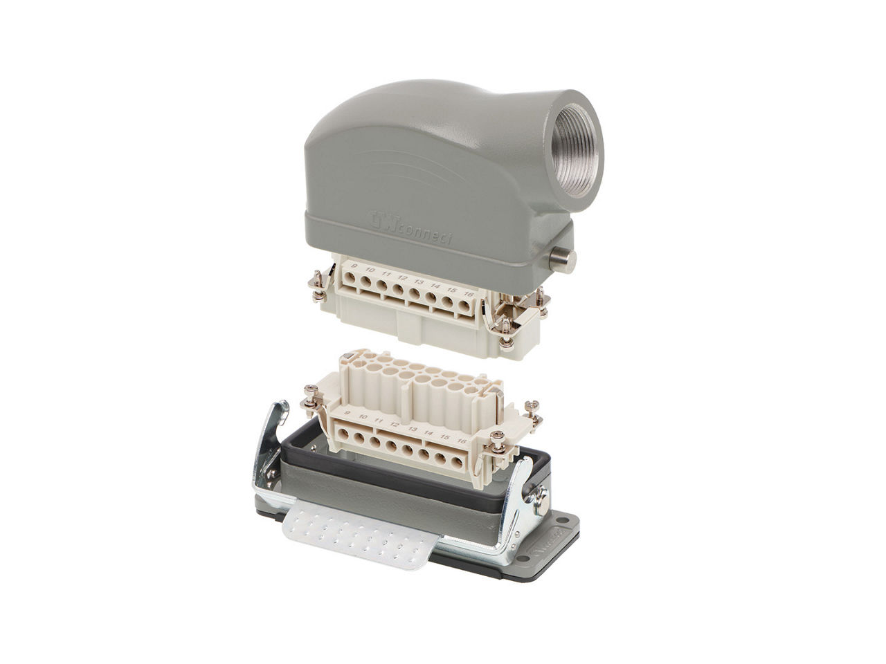 Molex Heavy-Duty Connector (HDC) assembly showing monolithic inserts, housing and angled-exit hood 