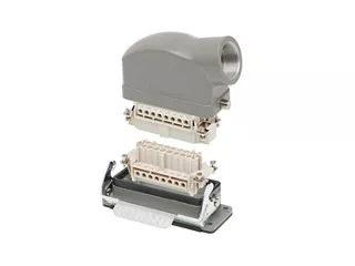 Molex Heavy-Duty Connector (HDC) assembly showing monolithic inserts, housing and angled-exit hood 