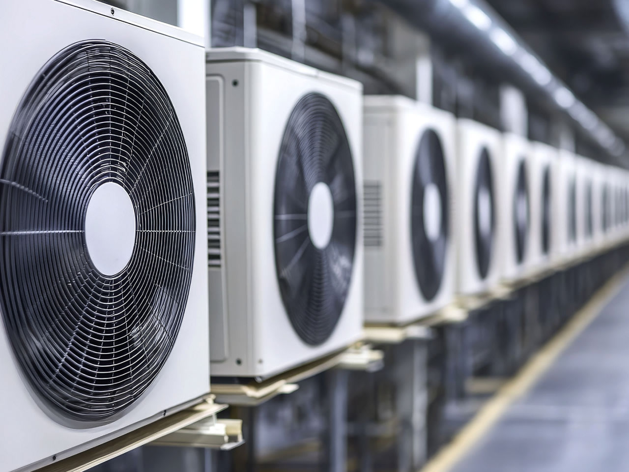 A row of industrial HVAC units in a large facility. 