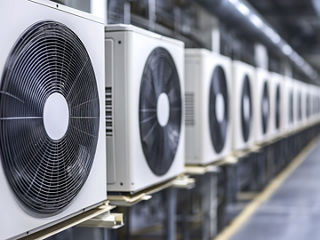 A row of industrial HVAC units in a large facility. 
