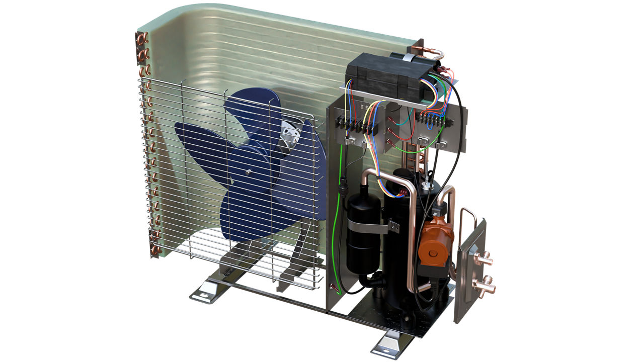 Cutaway of HVAC compressor unit showing internal wiring and components. 