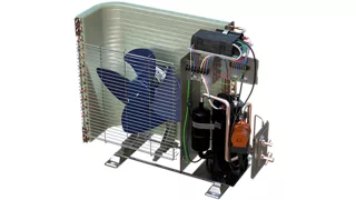 Cutaway of HVAC compressor unit showing internal wiring and components. 