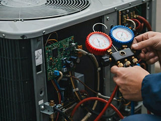 Technician uses pressure gauge to service unit with visible wiring and connectors for HVAC. 
