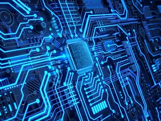 A graphics processing unit (GPU) in a printed circuit board (PCB). 