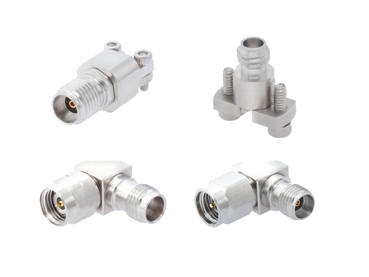 A collection of high-frequency RF precision connectors and adapters.