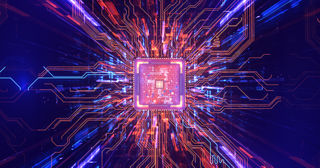 Abstract visualization of a central processor with radiating circuits, representing a CPU processing data through high-speed pathways in an HPC environment.
