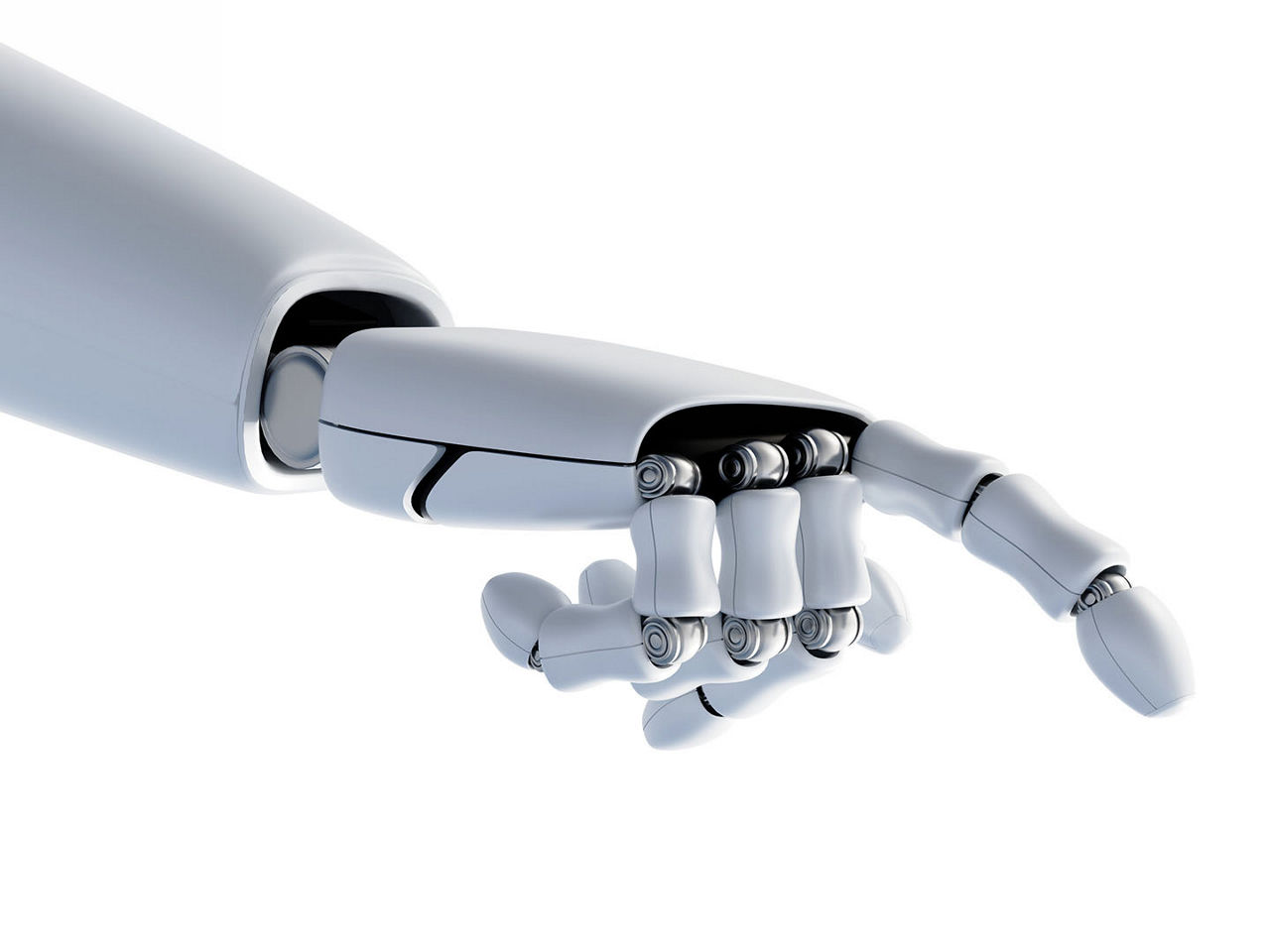 A close-up view of a humanoid robotic hand.