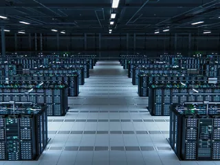 A data center room showing racks of servers. 