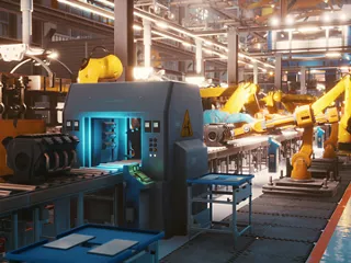 Robotic arms assembling products on a factory production line utilizing advanced industrial automation connectors.