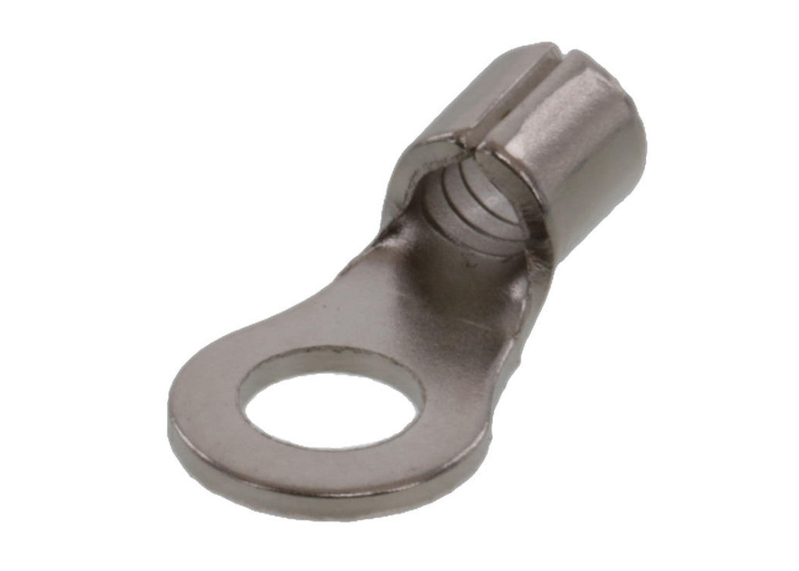 Krimptite high-temperature wire terminal, ring tongue for 16 to 14 AWG wire, stud size #8 or M4. 
