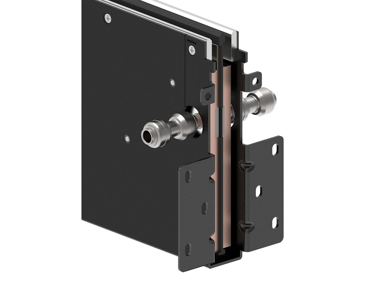 Molex liquid cooled busbar with integrated coolant tubes. 