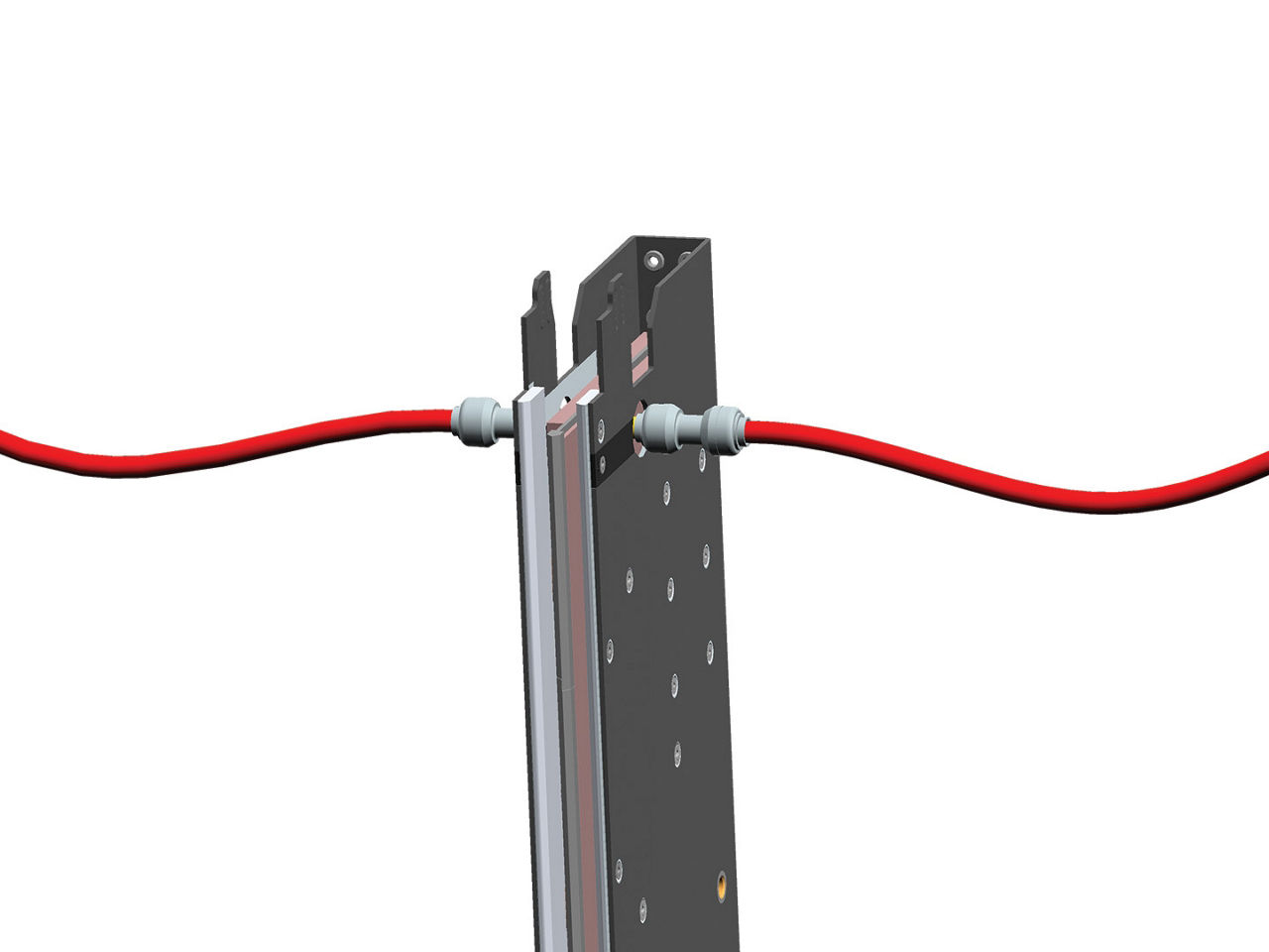 Molex liquid-cooled busbar with inlet and outlet configuration.