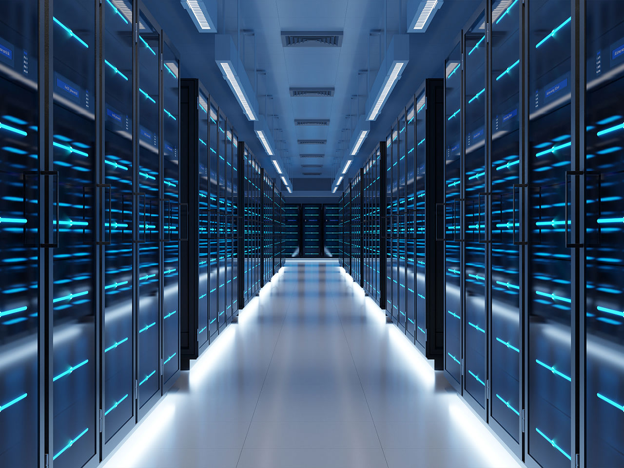 AI data center with sleek technology, glowing servers, and network hardware in a large, modern facility.