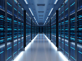 AI data center with sleek technology, glowing servers, and network hardware in a large, modern facility.