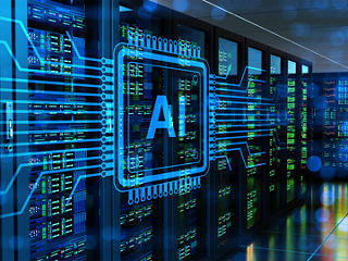Glowing blue circuitry and microchip labeled “AI” overlays high-performance data center server racks, illustrating the future of co-packaged copper.