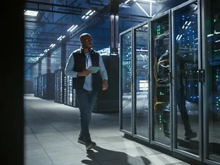 Data center engineer walks beside rows of server racks while monitoring equipment with a tablet.