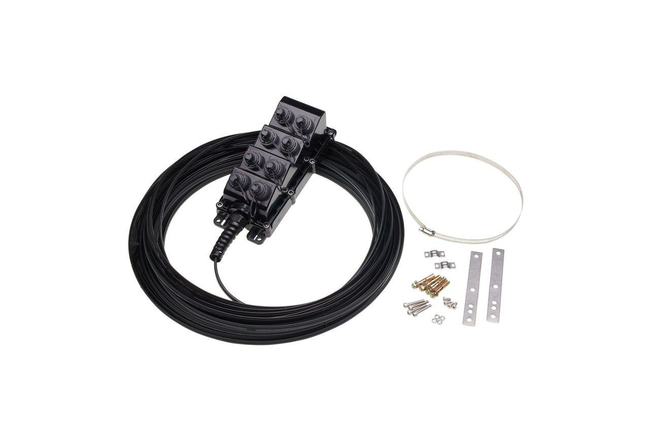 An eight-port Multiport Service Terminal (MST) shown with a cable and mounting hardware. 