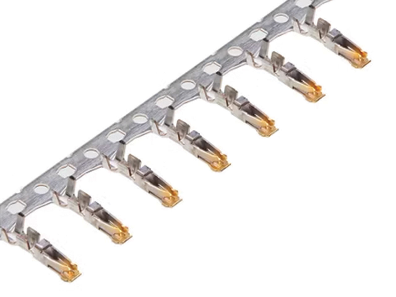 A strip of gold-plated Micro-Lock Plus female crimp terminals. 