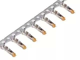 A strip of gold-plated Micro-Lock Plus female crimp terminals. 