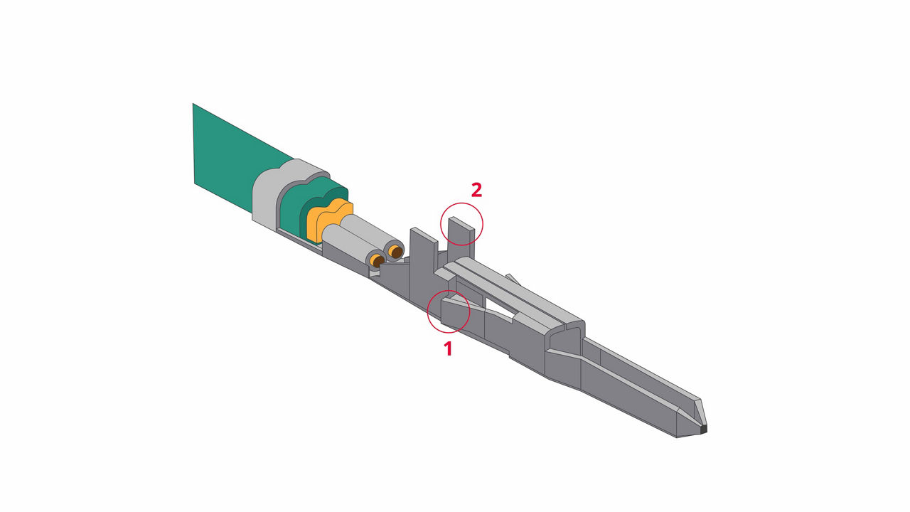 Molex Mini-Fit TPA 2 male crimp terminal with terminal position assurance feature and primary locking tabs.