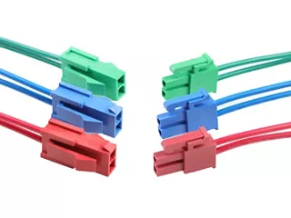 Three Mini-Fit Versa Color wire-to-board connector pairs. Each plug and receptacle uses color coding to differentiate connectors within the same family.