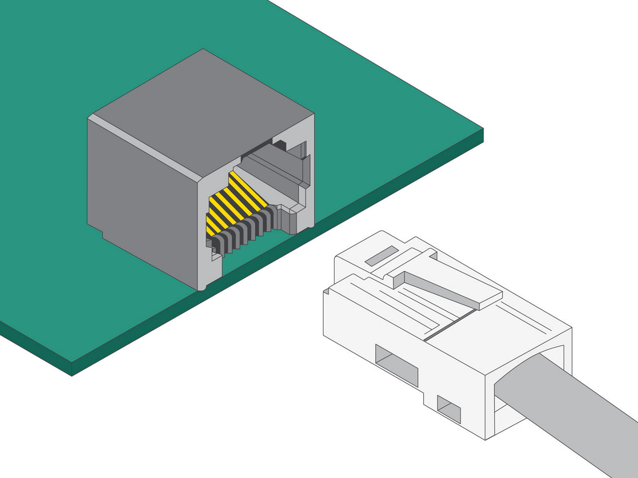 Modular jack and plug aligned for mating. Latch tab on the plug helps ensure correct mating orientation.