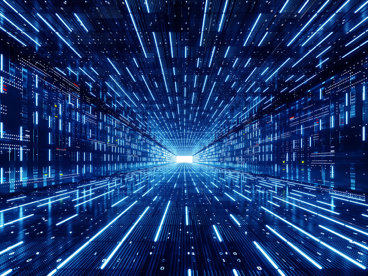 Futuristic, abstract tunnel of streaming digital blue data lines converging at a central node, representing ultra-high-speed data center connectivity.