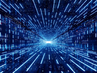Futuristic, abstract tunnel of streaming digital blue data lines converging at a central node, representing ultra-high-speed data center connectivity.