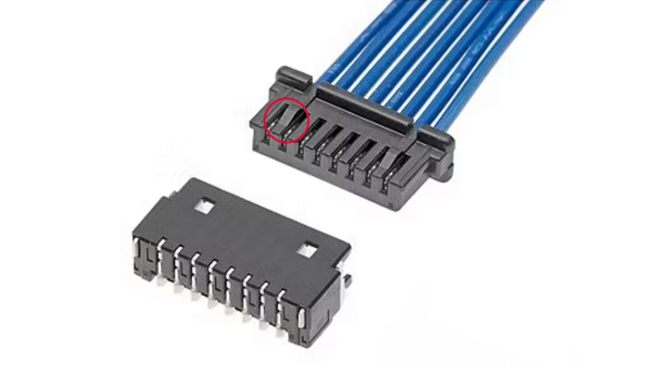Molex OneBlade header and housing prior to mating. Friction-lock retention feature highlighted.
