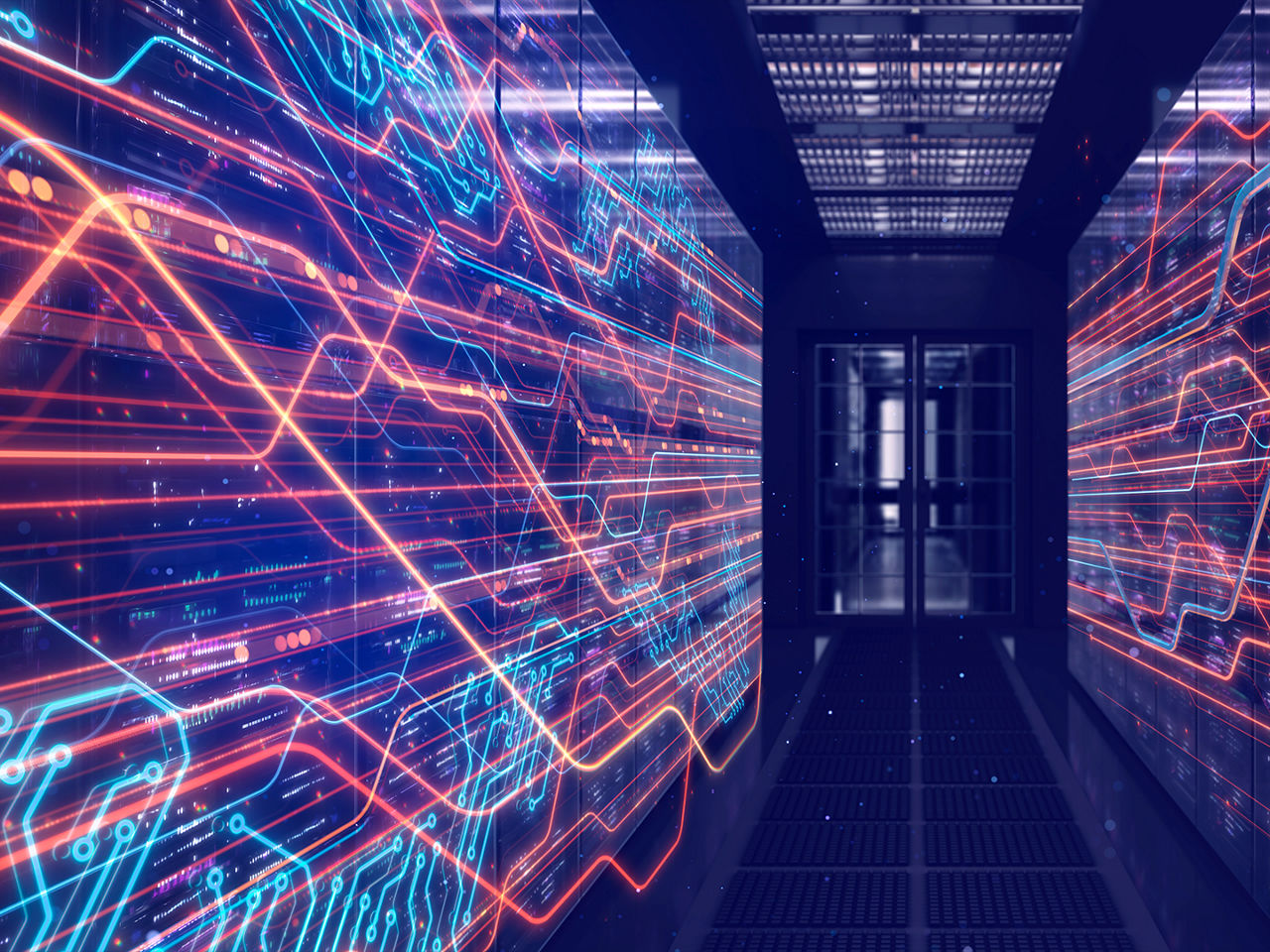 Abstract data center corridor with glowing digital lines and waveforms visualizing high-speed data flow through servers and network infrastructure.