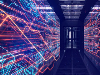 Abstract data center corridor with glowing digital lines and waveforms visualizing high-speed data flow through servers and network infrastructure.