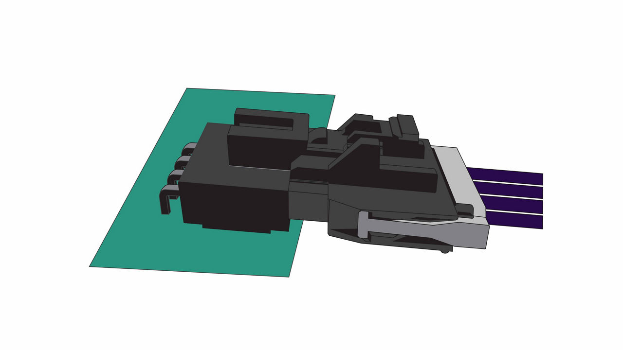 Molex Nano-Fit connectors nearly fully mated. Positive lock aligned before engagement.