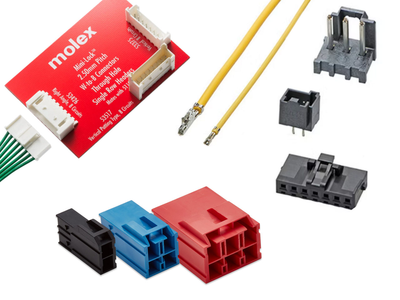 A collage showing four Molex connectors: CP, Mini-Lock, KK and MLX Connectors.  