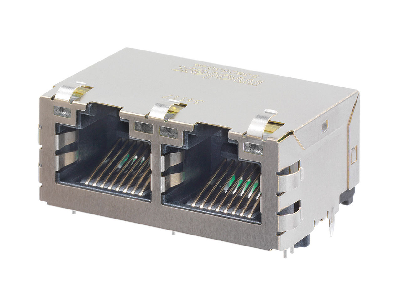 Two-port, gray RJ45 magnetic jack. 