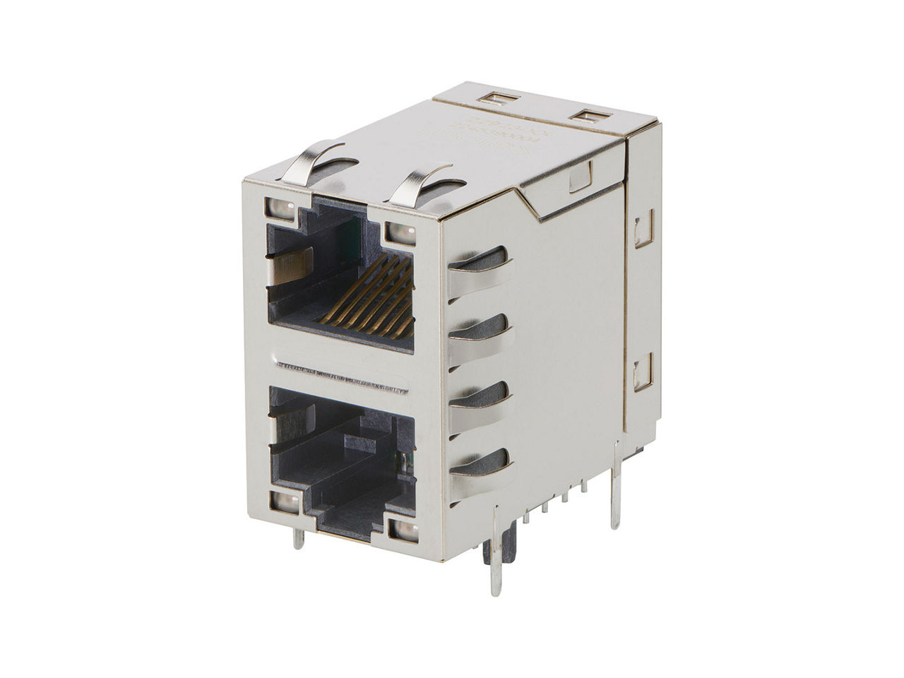 Two-port, gray, vertically stacked magnetic RJ45 jacks. 