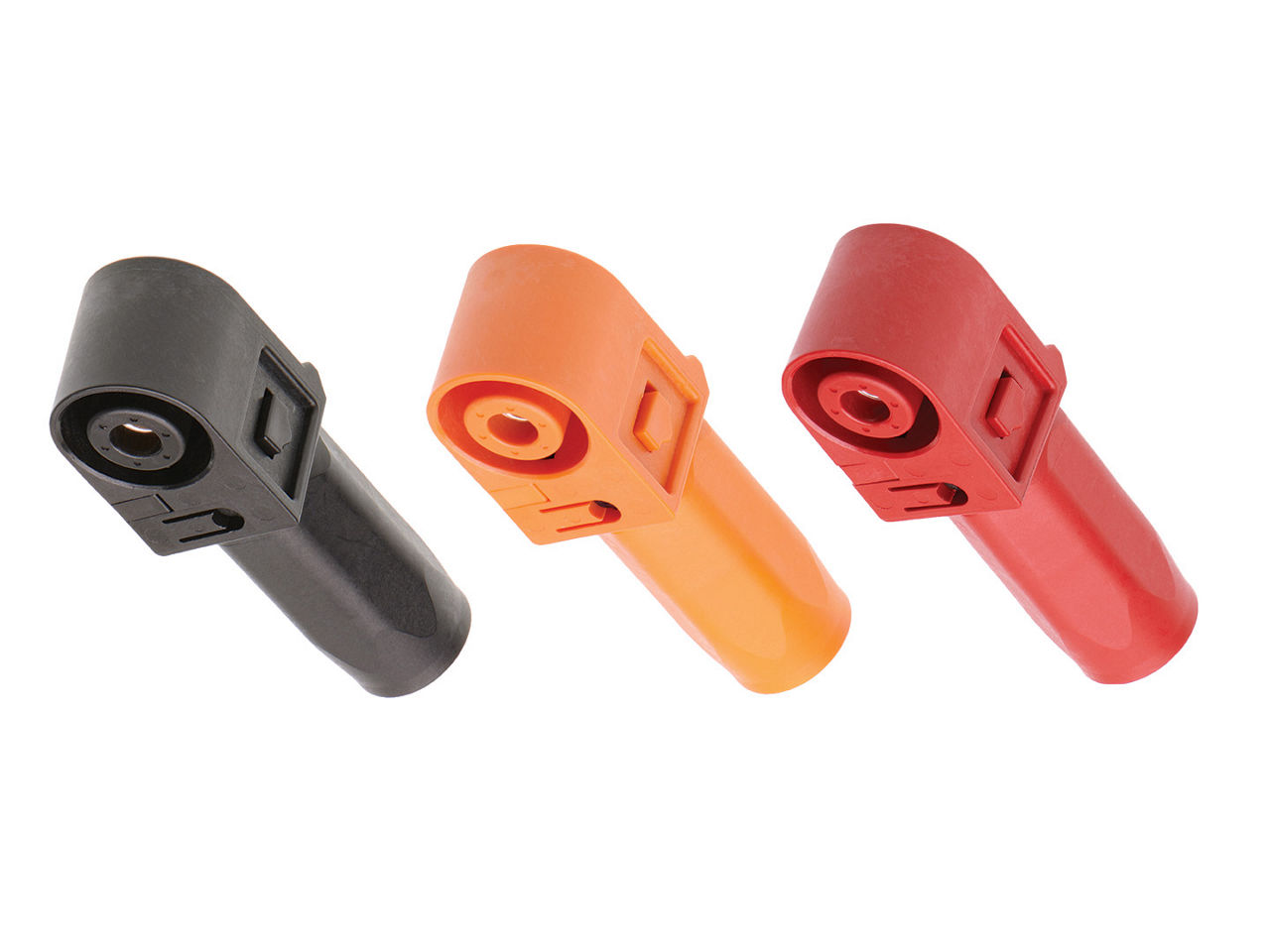 SideWize high-voltage connector receptacles in black, orange and red.