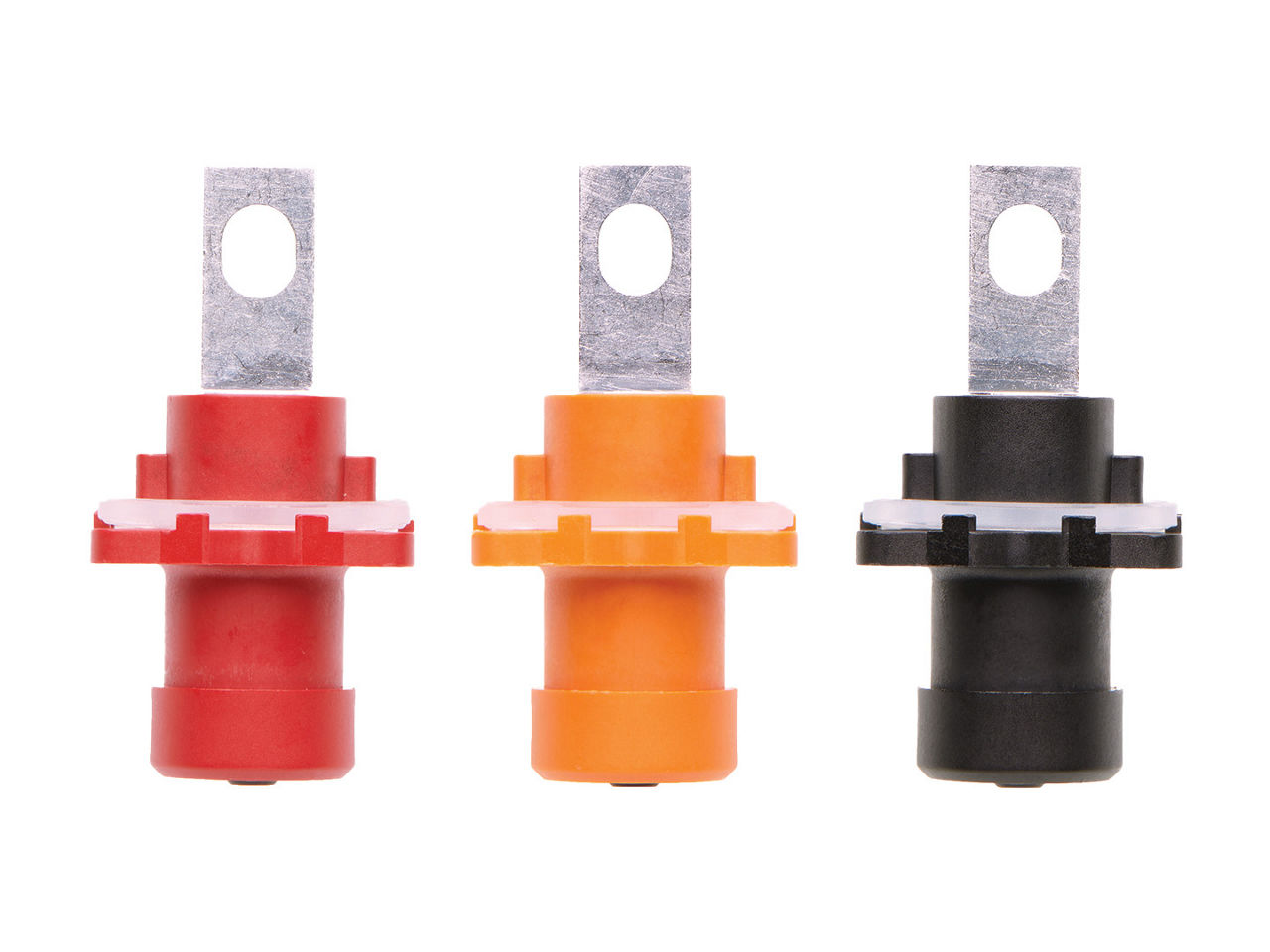 SideWize high-voltage bulkhead connectors in black, orange and red.