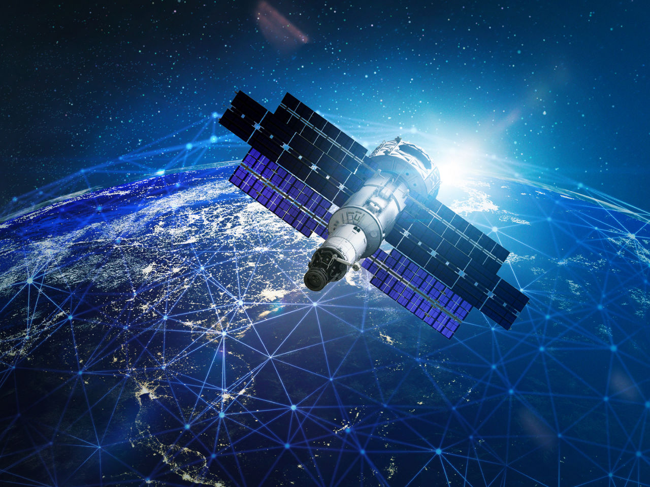  Satellite orbiting Earth with network connectivity graphics. 