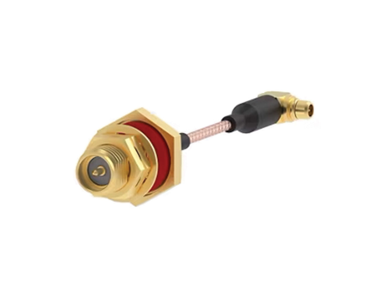 Sealed SMA to right-angle MMCX RF coaxial cable assembly. 