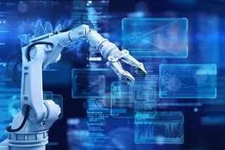 Robot arm interacting with a futuristic graphical user interface displaying digital data and holographic elements. 