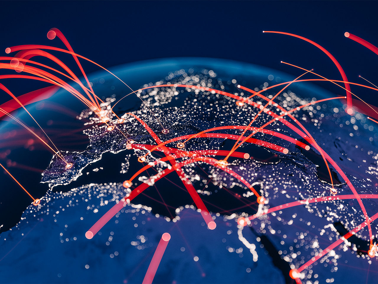 Abstract global map with illuminated data pathways representing interconnected supply chain networks.