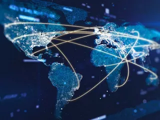 Stylized world map with glowing lines between continents, illustrating global logistics, trade routes, shipment flows, and supply chain connectivity.