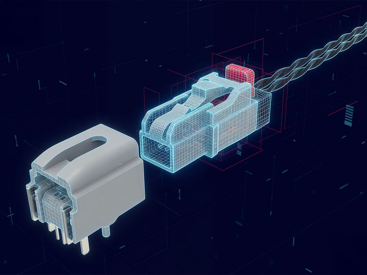 Futuristic 3D render of a 10BASE-T1S automotive Ethernet connector sliding into its housing, highlighted by a glowing wireframe overlay.