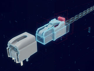 Futuristic 3D render of a 10BASE-T1S automotive Ethernet connector sliding into its housing, highlighted by a glowing wireframe overlay.