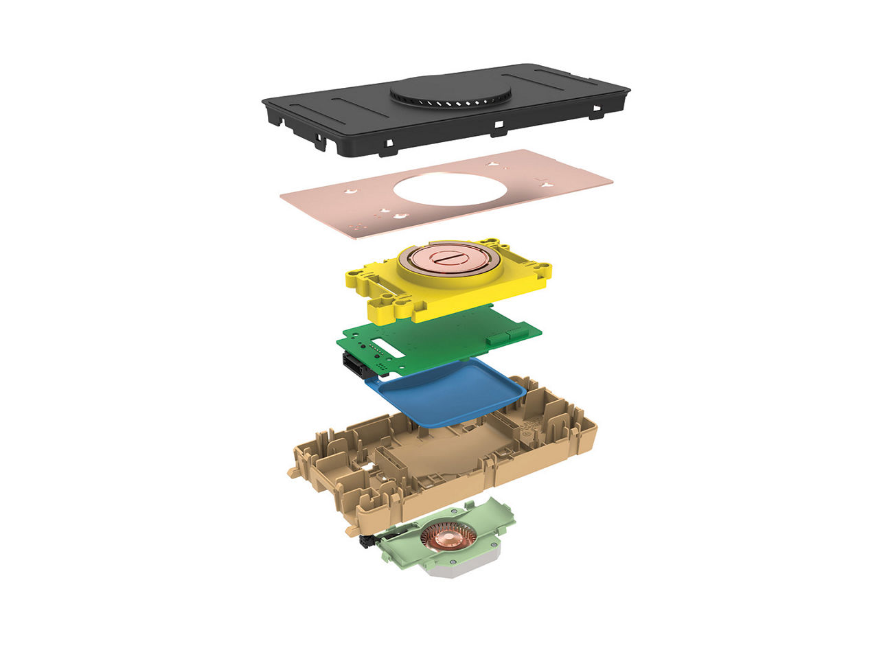 Exploded view of a wireless phone charging module.