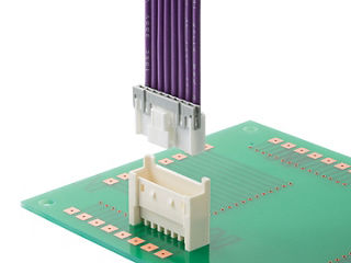 Mini-Lock wire-to-board connector header on a PCB with a mating receptacle terminated with discrete wires.