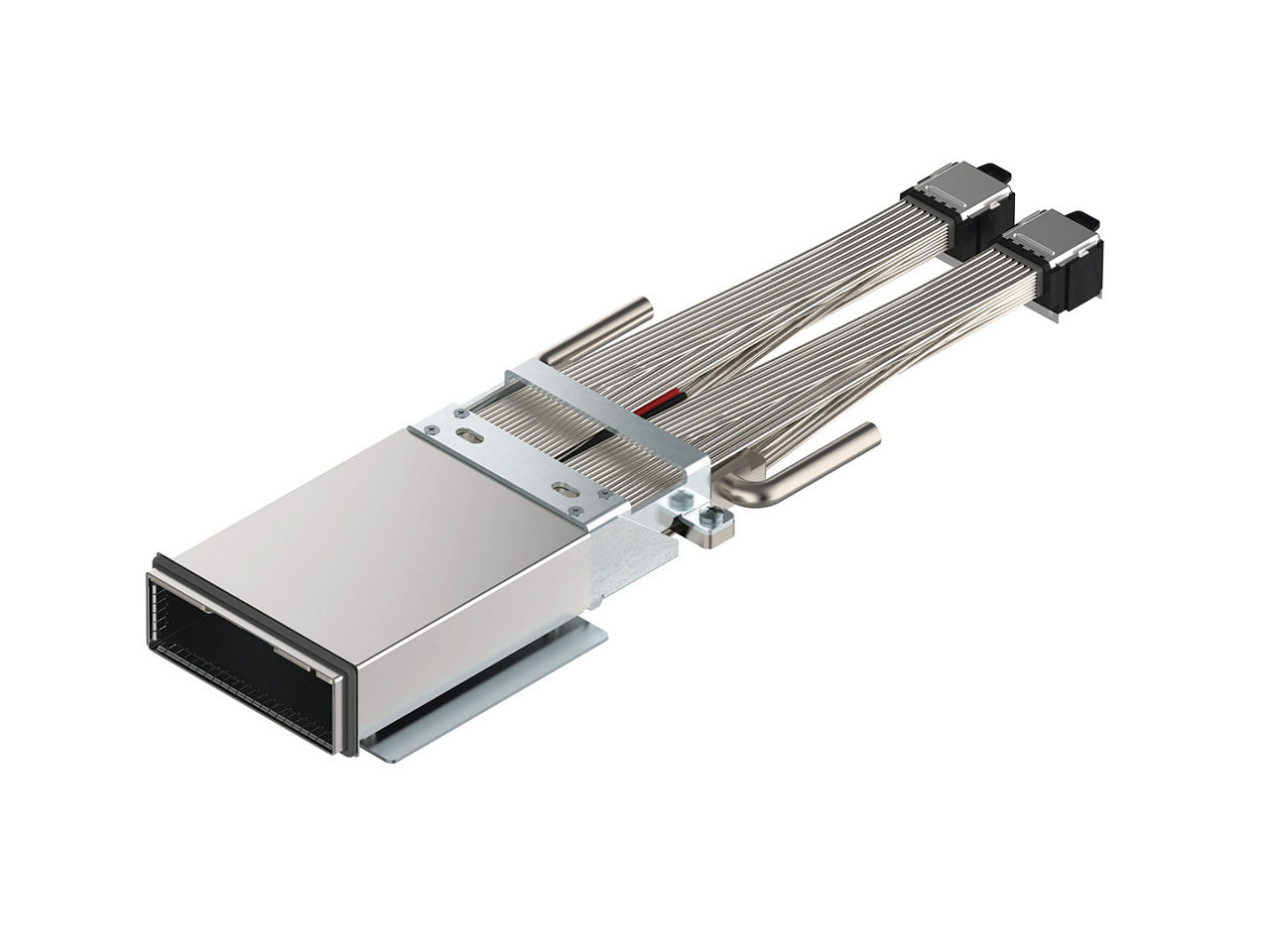 Molex XPO connector with cage connected to Molex Impress Co-Packaged Copper solution using Molex BiPass twinax cables.