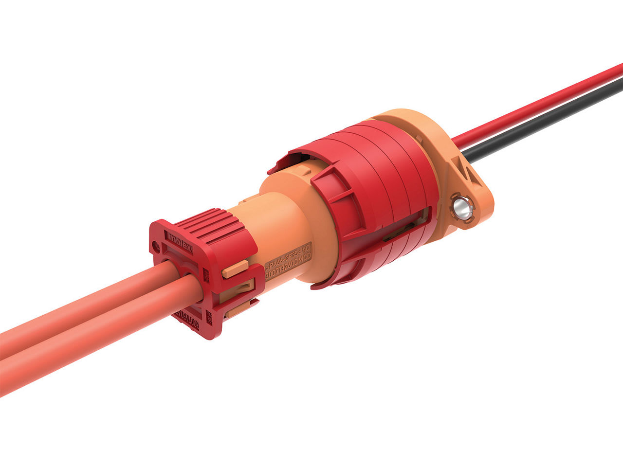 eHV60 高电压汽车连接器已完全装配好，可以看到其垂直插座头，并且 CPA 处于未锁定位。