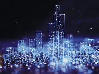 Outline of a futuristic blue city with lights featuring fiber optic cables. 