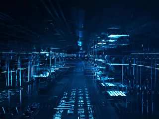 未来风格的服务器机房通道，两侧排列着带蓝色 LED 照明的机架。